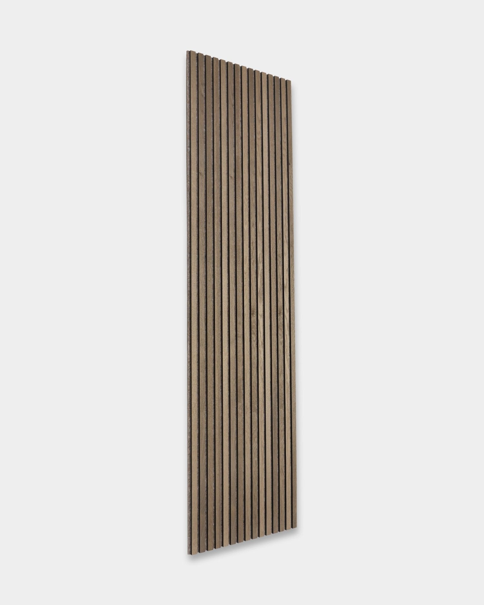WoodUpp Tonal Akupanel in Grey Oak (240x60 cm) is a Nordic acoustic panel with alternating dark and light natural wood slats on a light gray backing.
