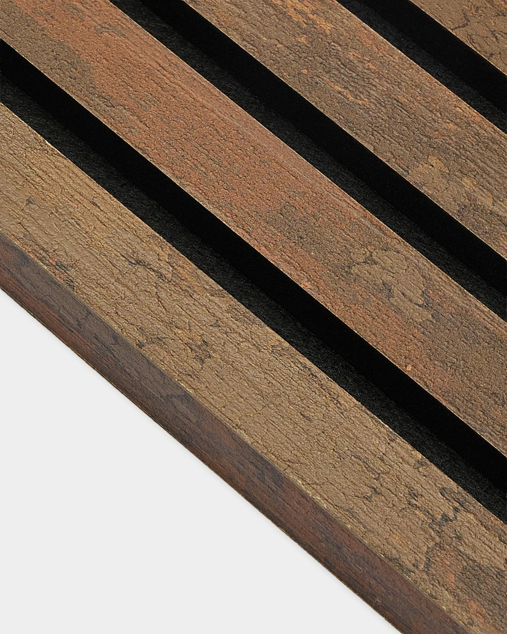 Close-up of WoodUpp End Lamella in Oxide Copper, 2.2 cm—textured acoustic wood slats with black gaps, designed for Akupanel wall installation.