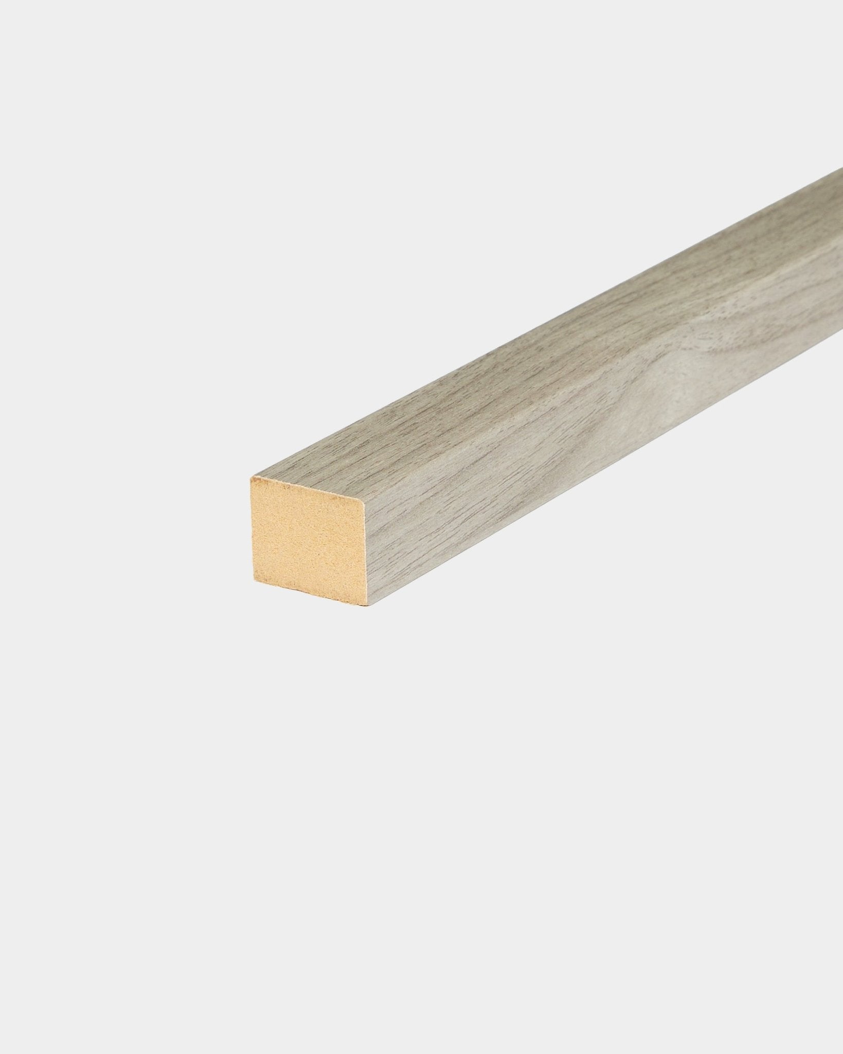 WoodUpp End Lamella in Weathered Oak, 2.2 cm wide, designed for MDF frames or Akupanel acoustic panel installation, displayed on a plain white background.