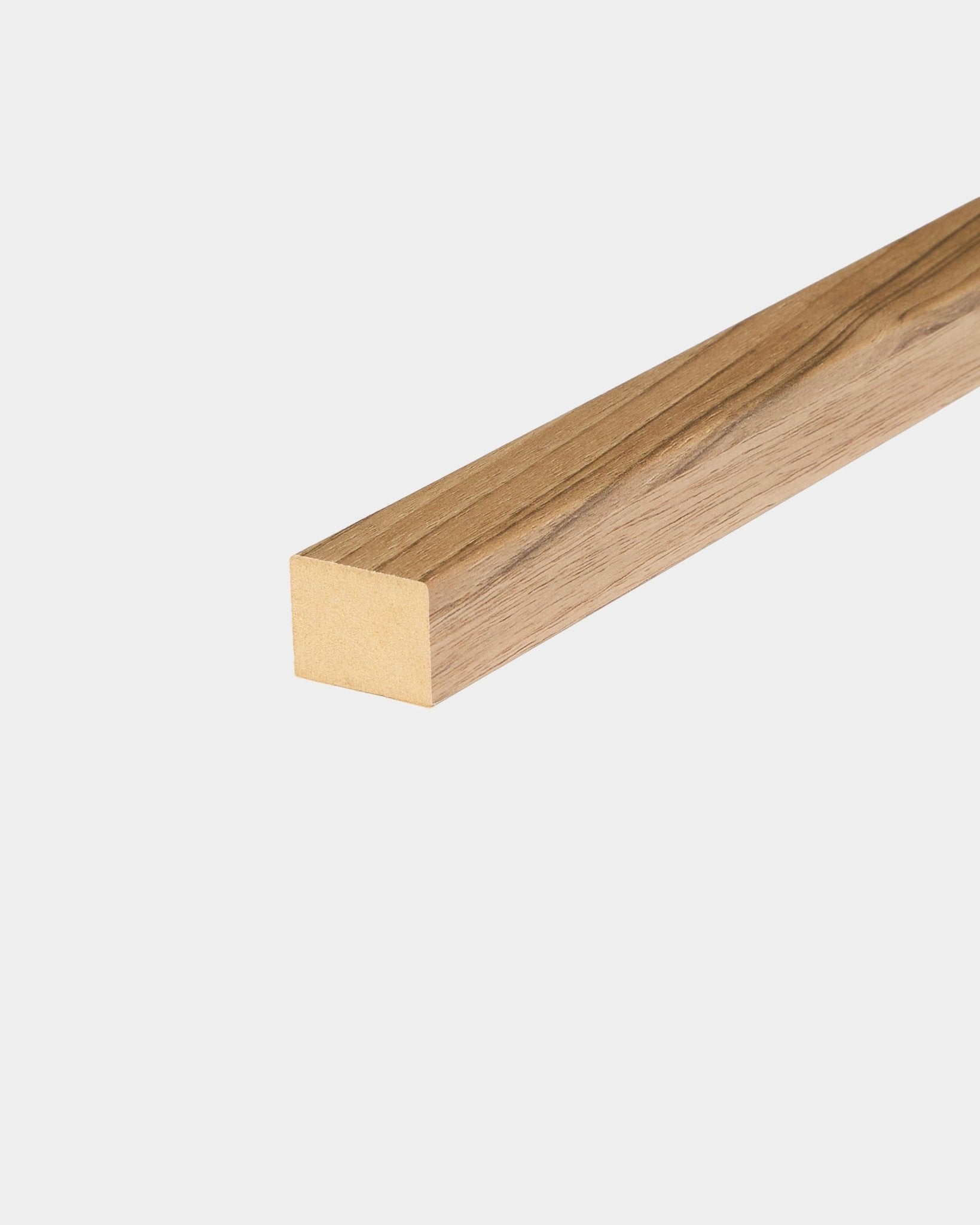 WoodUpp End Lamella in English Walnut, 2.2 cm smooth wooden finishing bar for Akupanel acoustic panels, shown on a plain white background.