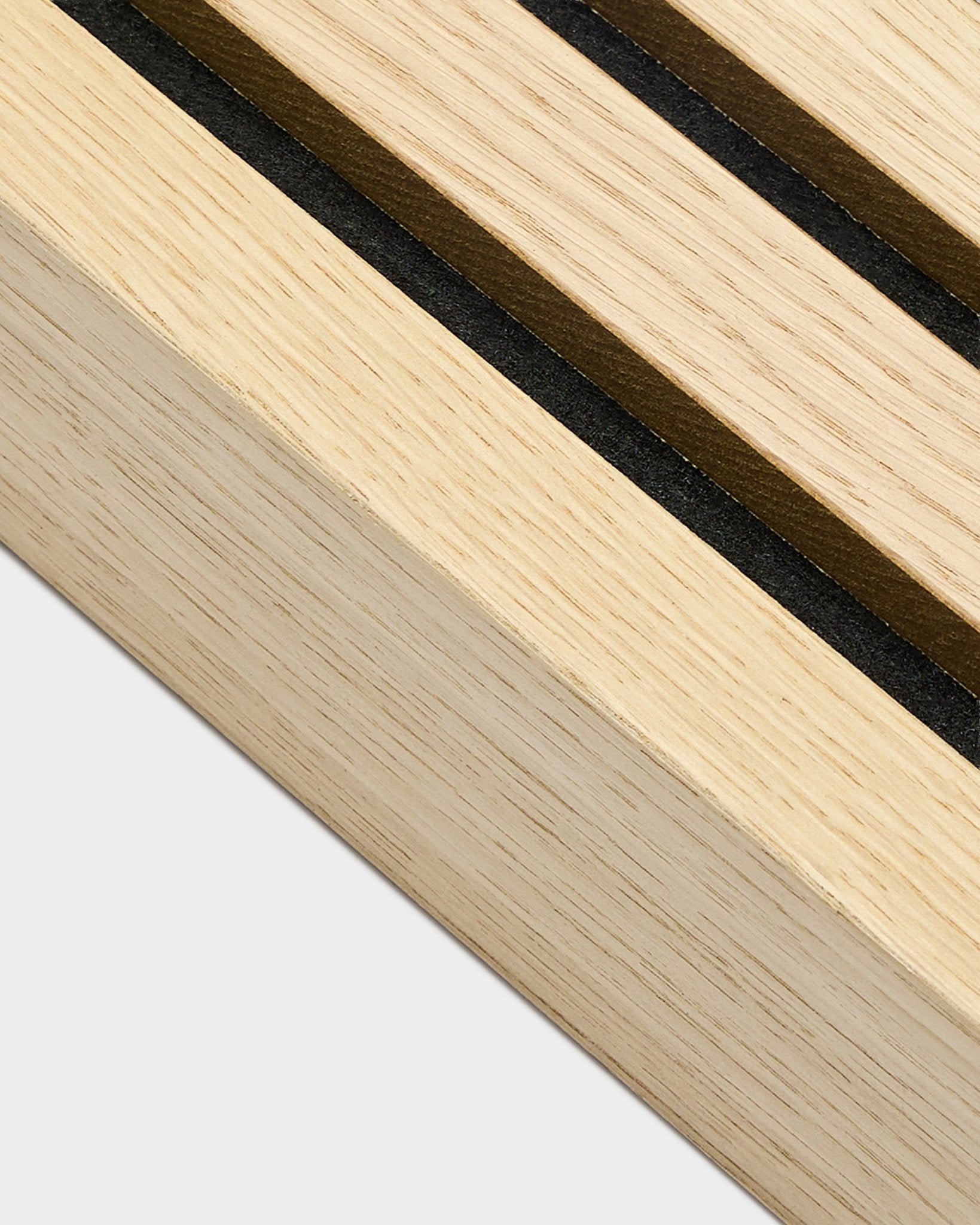 Detailed close-up of a WoodUpp Classic Oak End lamella, 6.7 cm wide, designed for Akupanel acoustic panel installation or integration with an MDF frame.