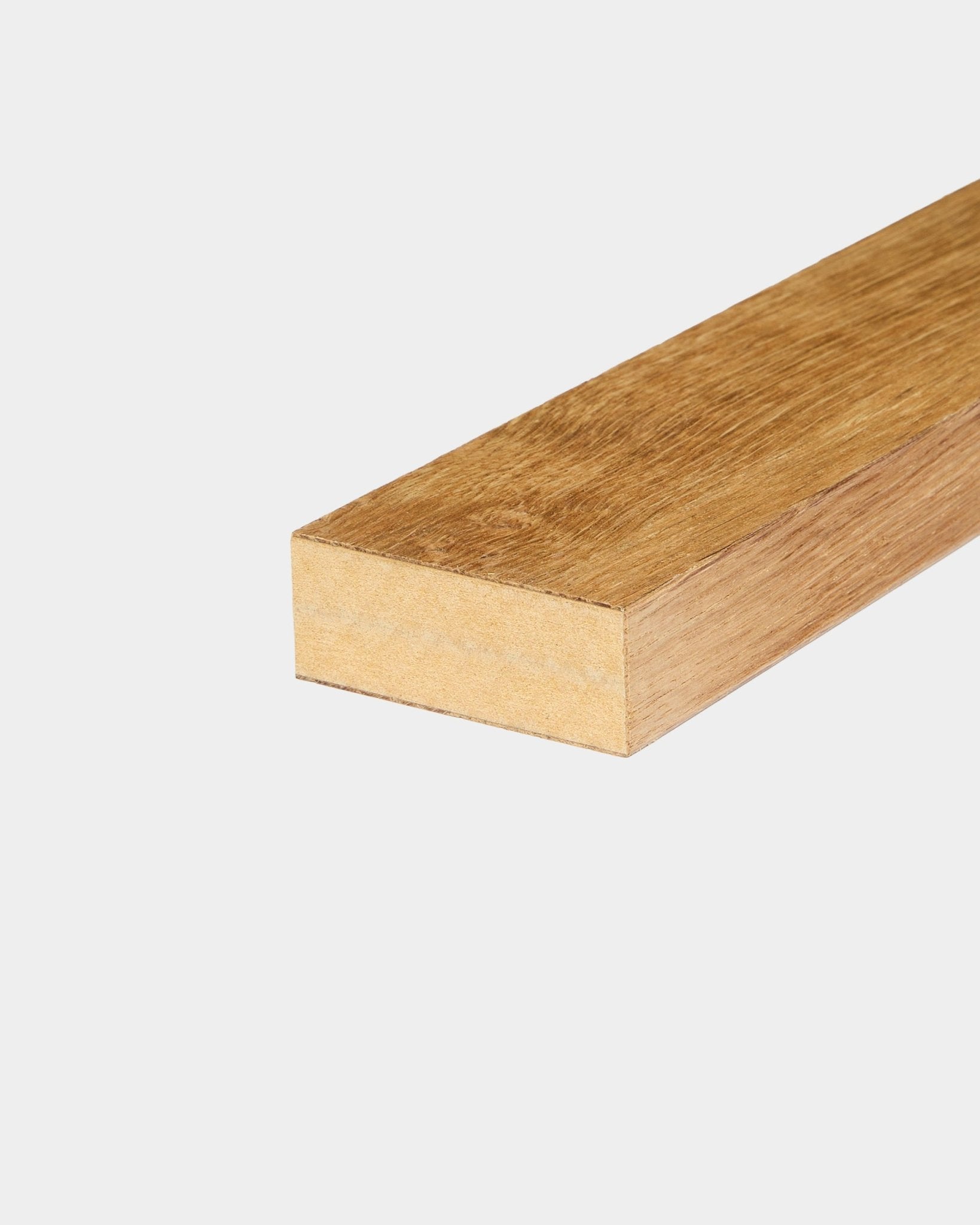 WoodUpp End lamella in Rustic Brown Oak, 6.7 cm wide, designed for Akupanel acoustic panel or MDF frame installation, displayed on a plain white background.