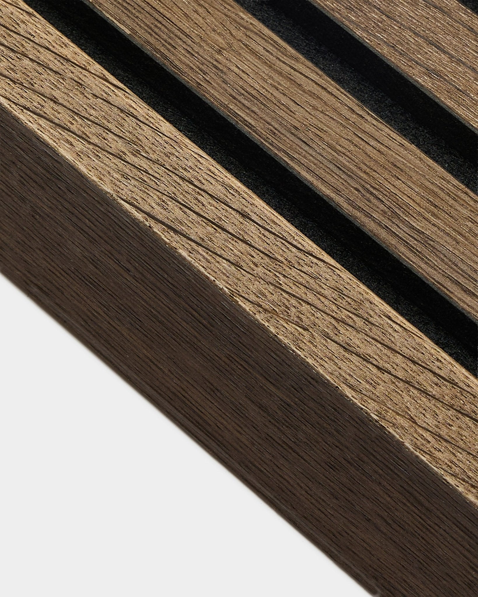 Close-up of WoodUpp End lamella in Rustic Smoked Oak, 6.7 cm—angled slats with visible wood grain, designed for acoustic panel or Akupanel installation.
