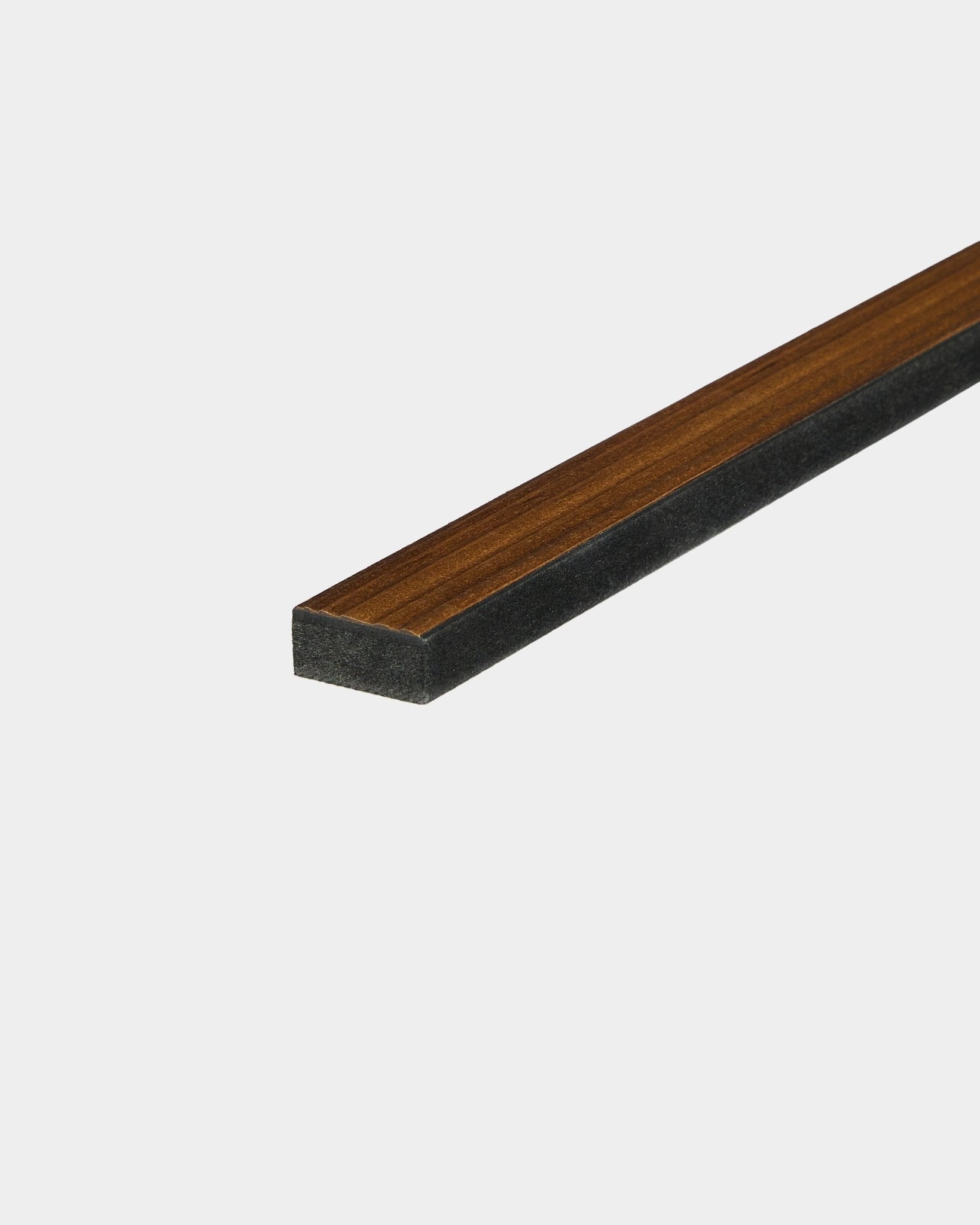 WoodUpp Lamella Rustic Smoked Larch acoustic panel, 240 cm, features a slim rectangular wood slat with a dark base and brown top on a white background.