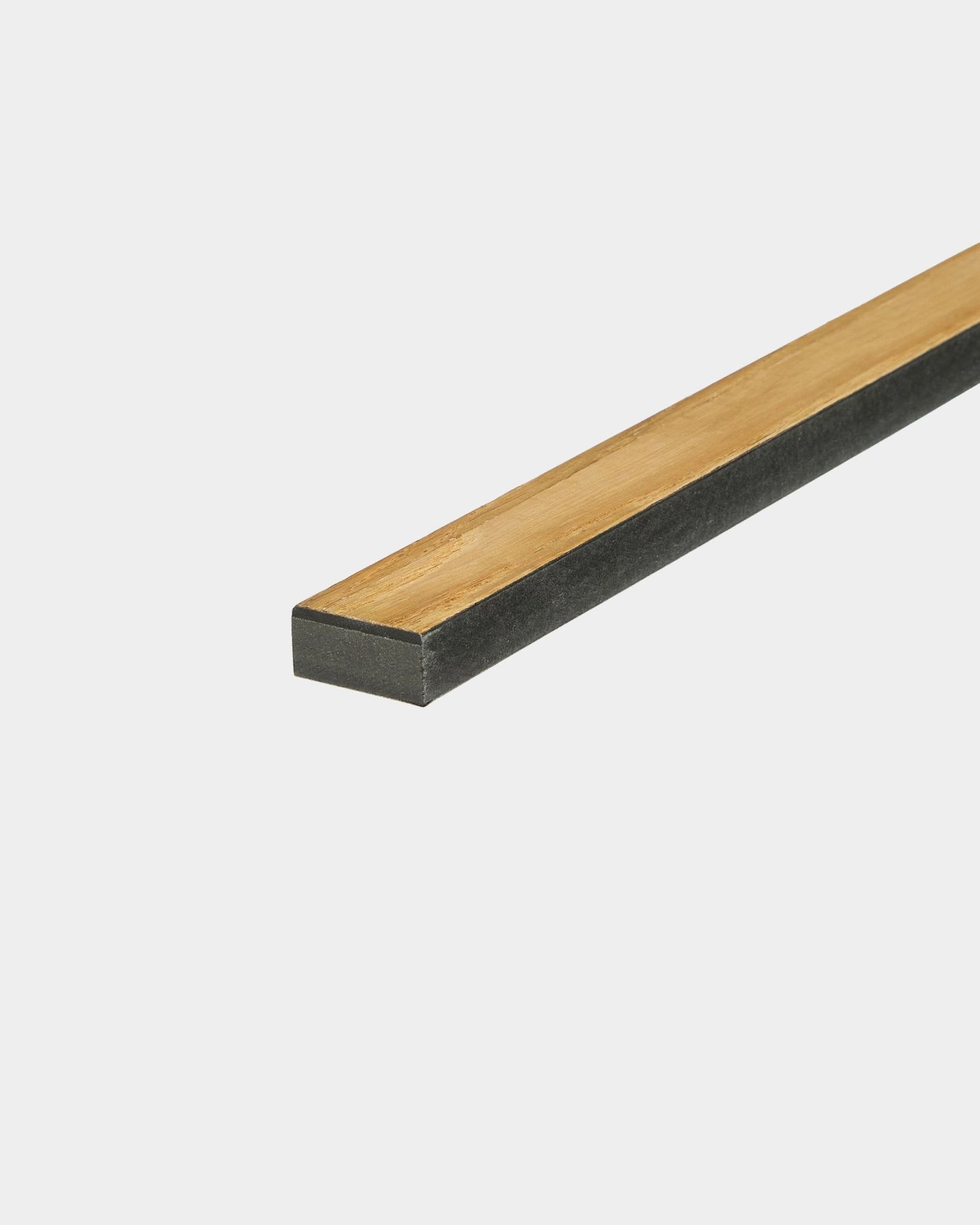 WoodUpp Lamella Rustic Natural Oak, 240 cm rectangular wood strip with black edges, designed for Akupanel acoustic panel projects or slat replacements.
