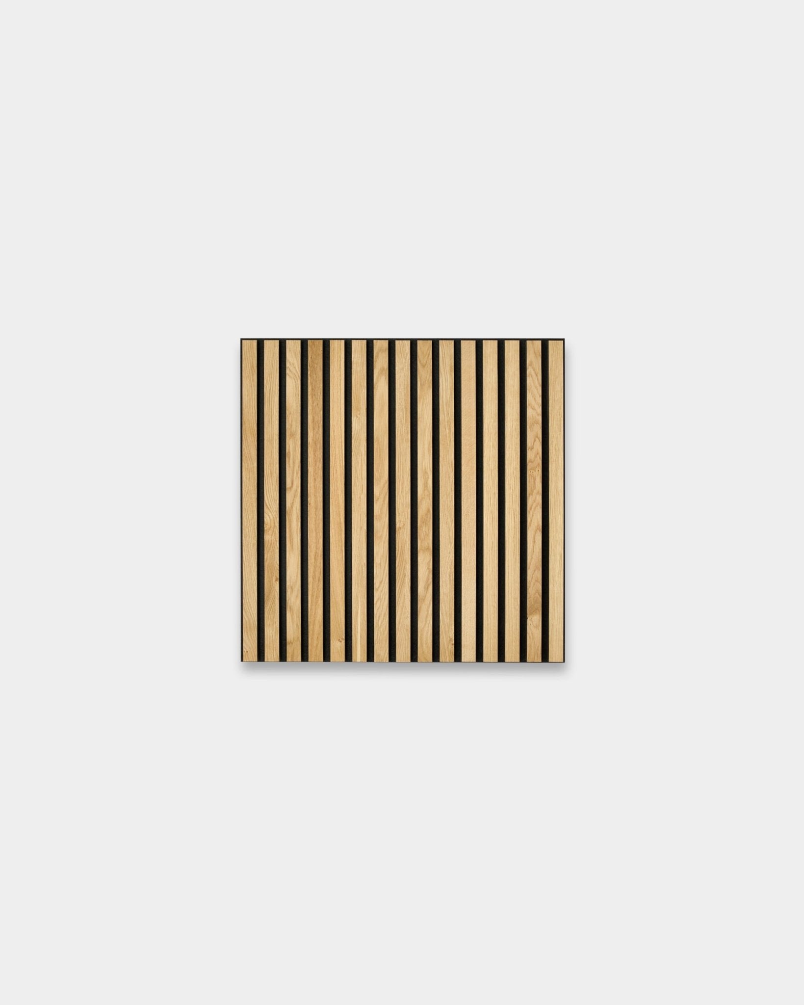 WoodUpp Akupixel Rustic Natural Oak 60x60cm acoustic panel with vertical light oak and black stripes, displayed against a plain light gray background.