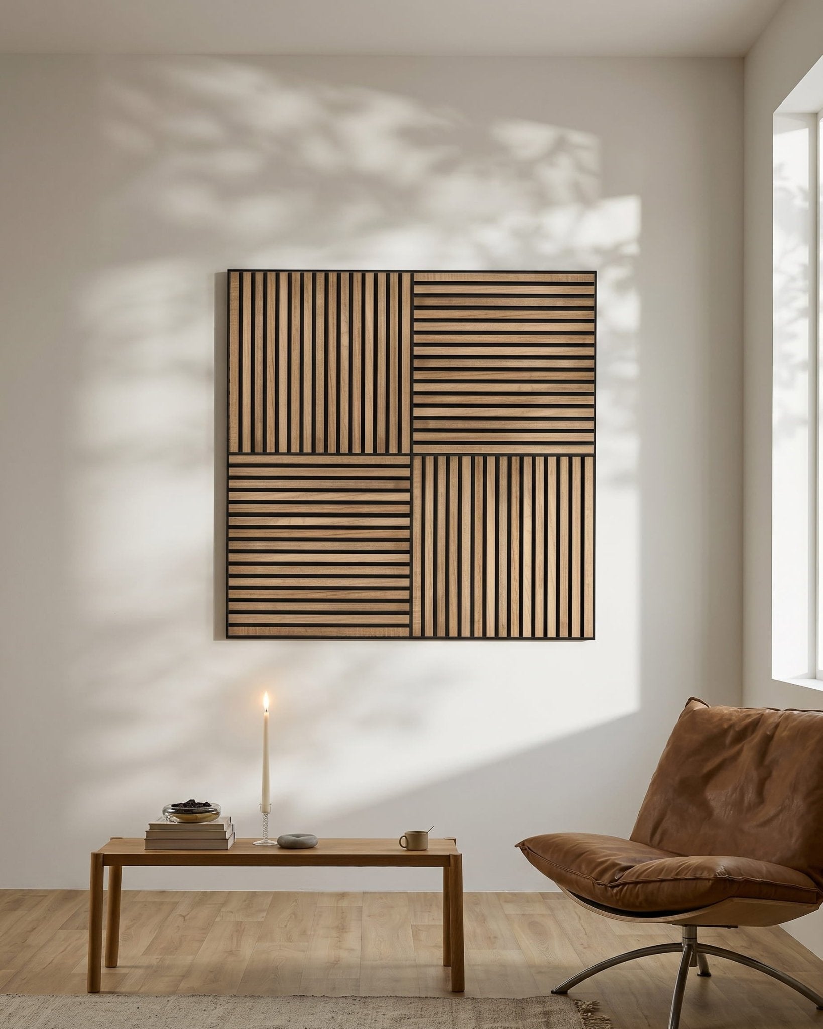 Minimalist Nordic room with a WoodUpp Akupixel Walnut acoustic panel on the wall, lit candle on a low table, books, and brown chair by a window.
