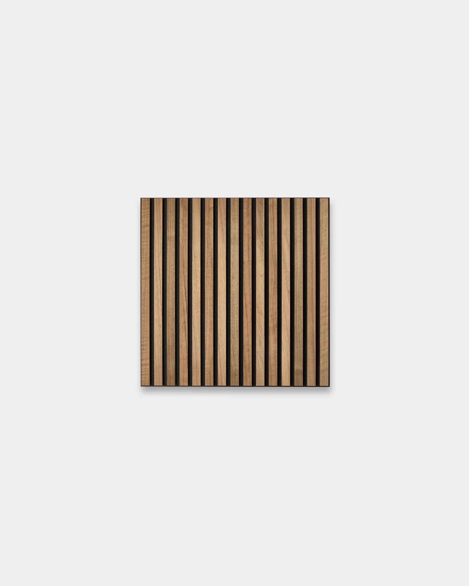 WoodUpp Akupixel acoustic panel in walnut, 60 x 60 cm, features Scandinavian slatted design with alternating light and dark wood stripes on a gray base.