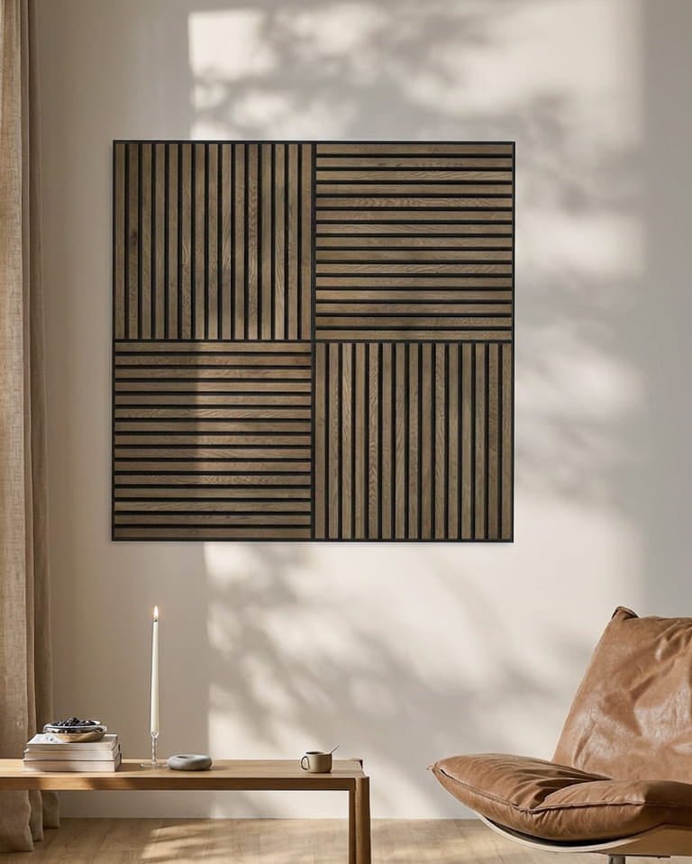 Minimalist room featuring a leather chair, candle, and WoodUpp Akupixel acoustic panel in rustic grey oak casting geometric shadows on the wall.