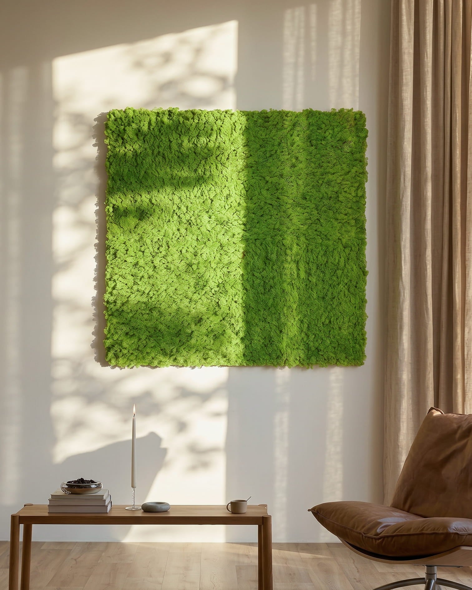 Akupixel acoustic panel in Moss / Apple Green, 60 x 60 cm by WoodUpp, mounted on a sunlit wall above a small table and beige curtains.