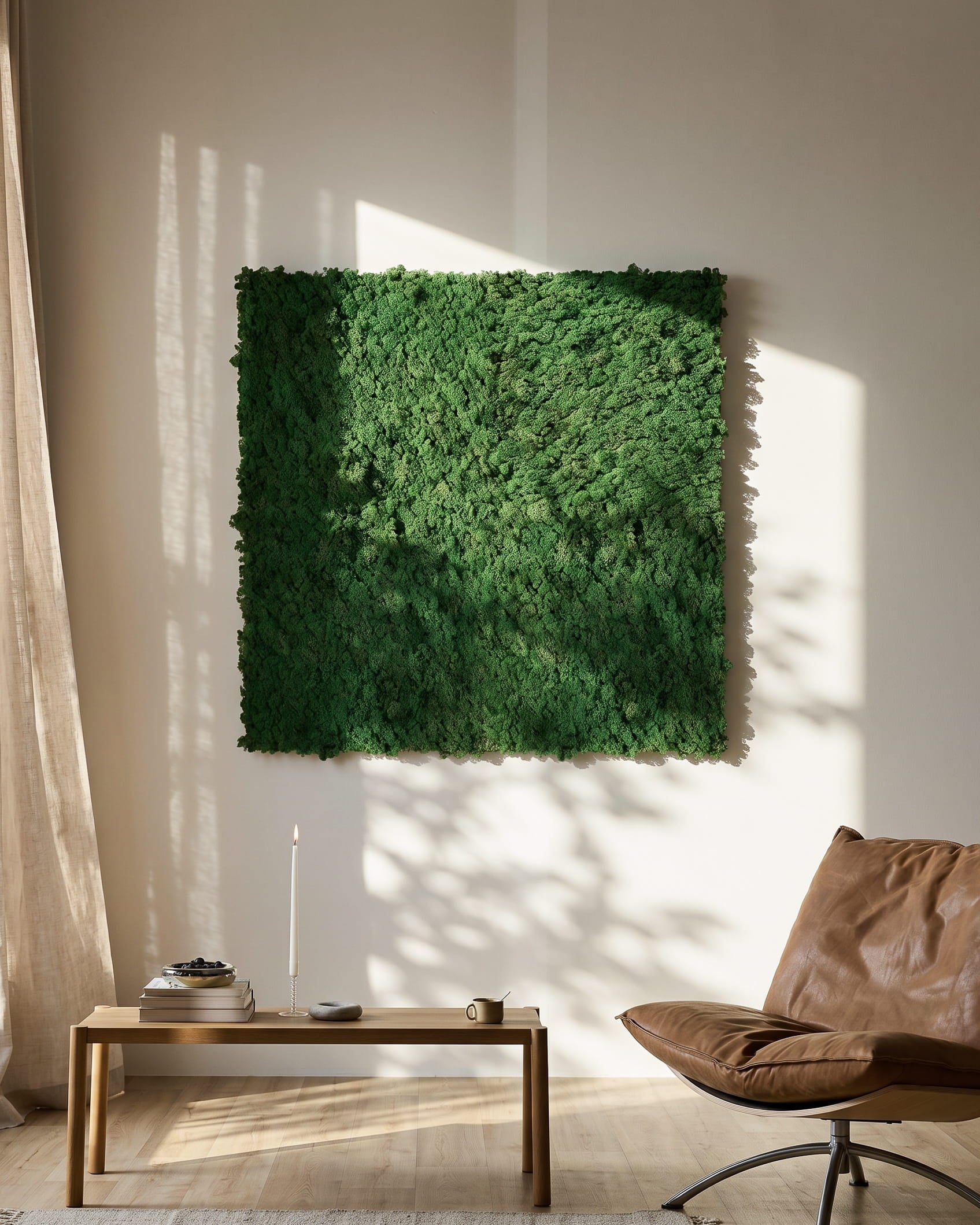 WoodUpp Akupixel Moss Green acoustic panel (60x60 cm) mounted on a beige wall above a minimalist table and brown leather chair.