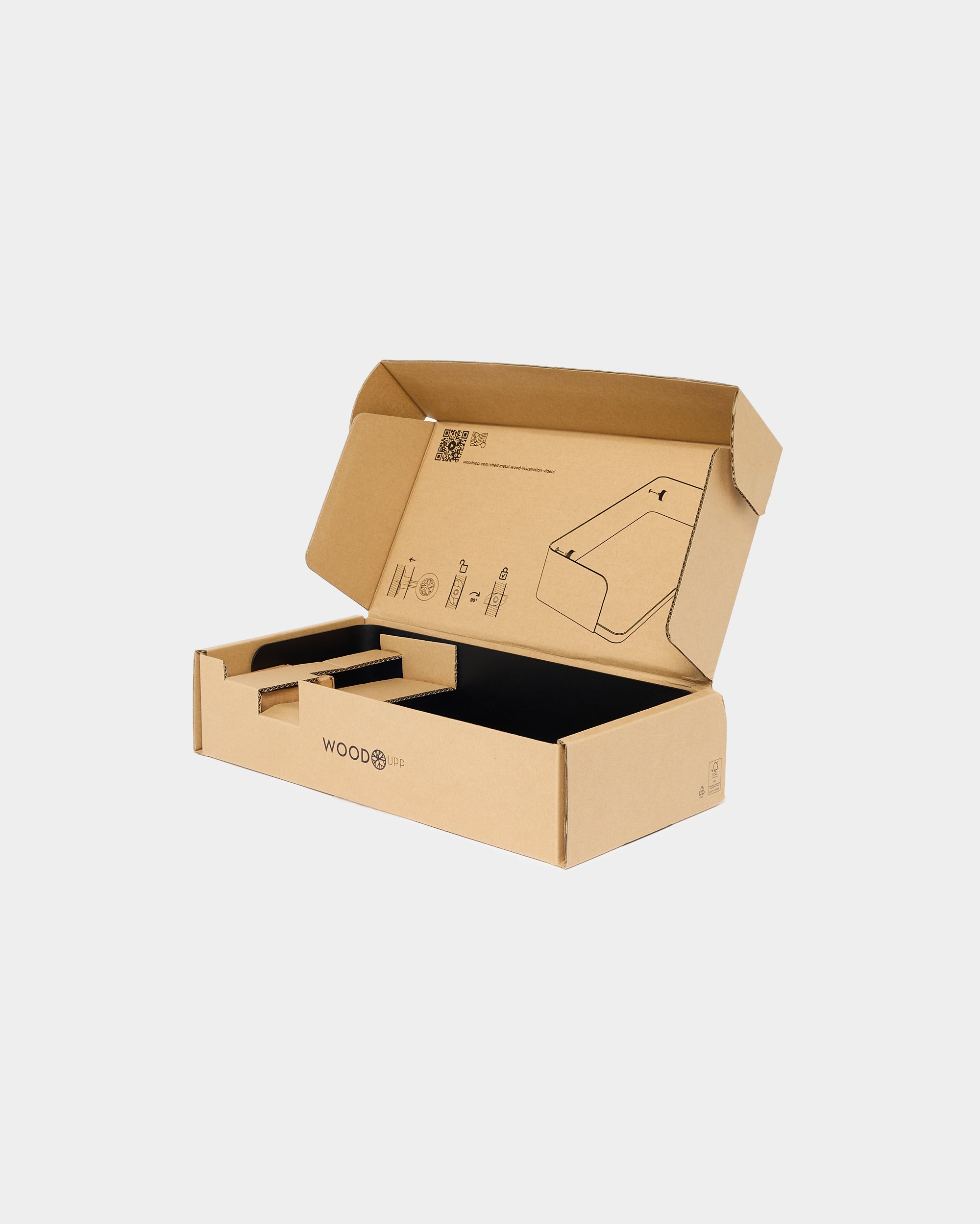 Open brown cardboard box with WOOD branding on the front and printed instructions inside the lid, displayed against a plain white background.
