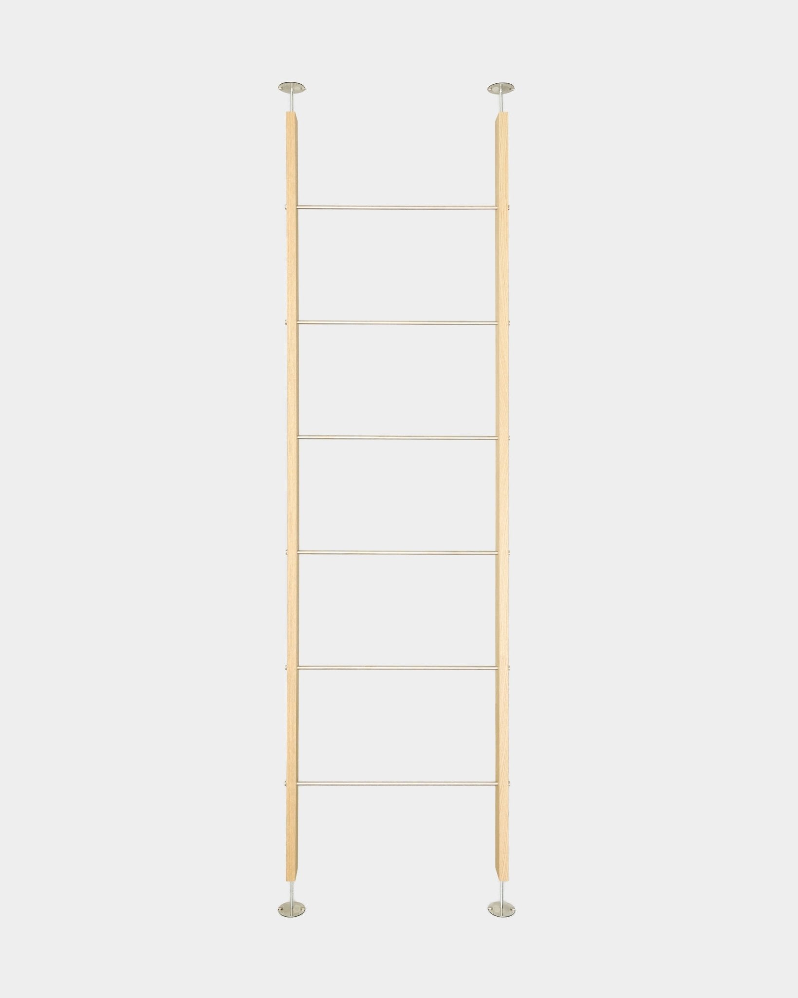 EMBRACE room divider BM2 by WoodUpp, 236-252 cm tall oak and steel ladder with six rungs, secures floor-to-ceiling, shown on a white background.
