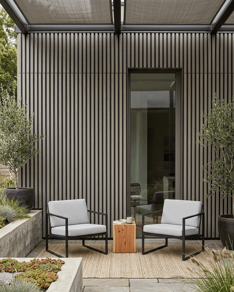 Two gray armchairs and a table on a patio with lush plants, backed by WoodUpp Aluwood Outdoor Thermowood facade panels in grey.