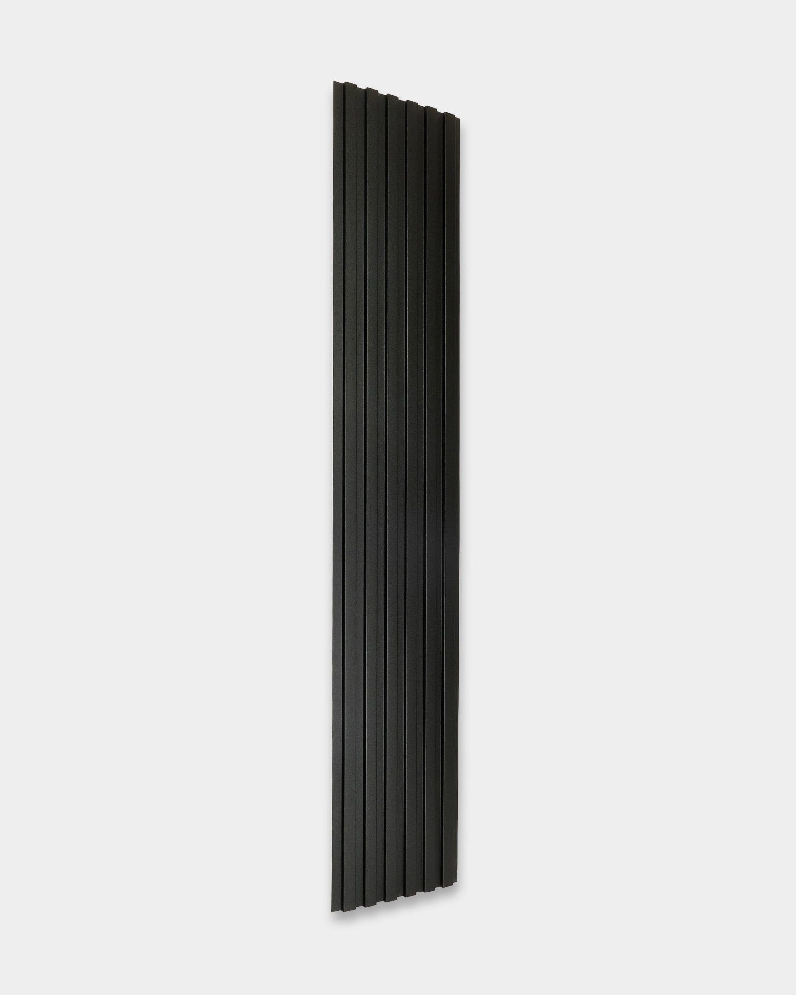 WoodUpp Aluwood outdoor facade panel, 240 x 45.1 cm, tall and narrow with vertical black ridges, displayed against a plain white background.