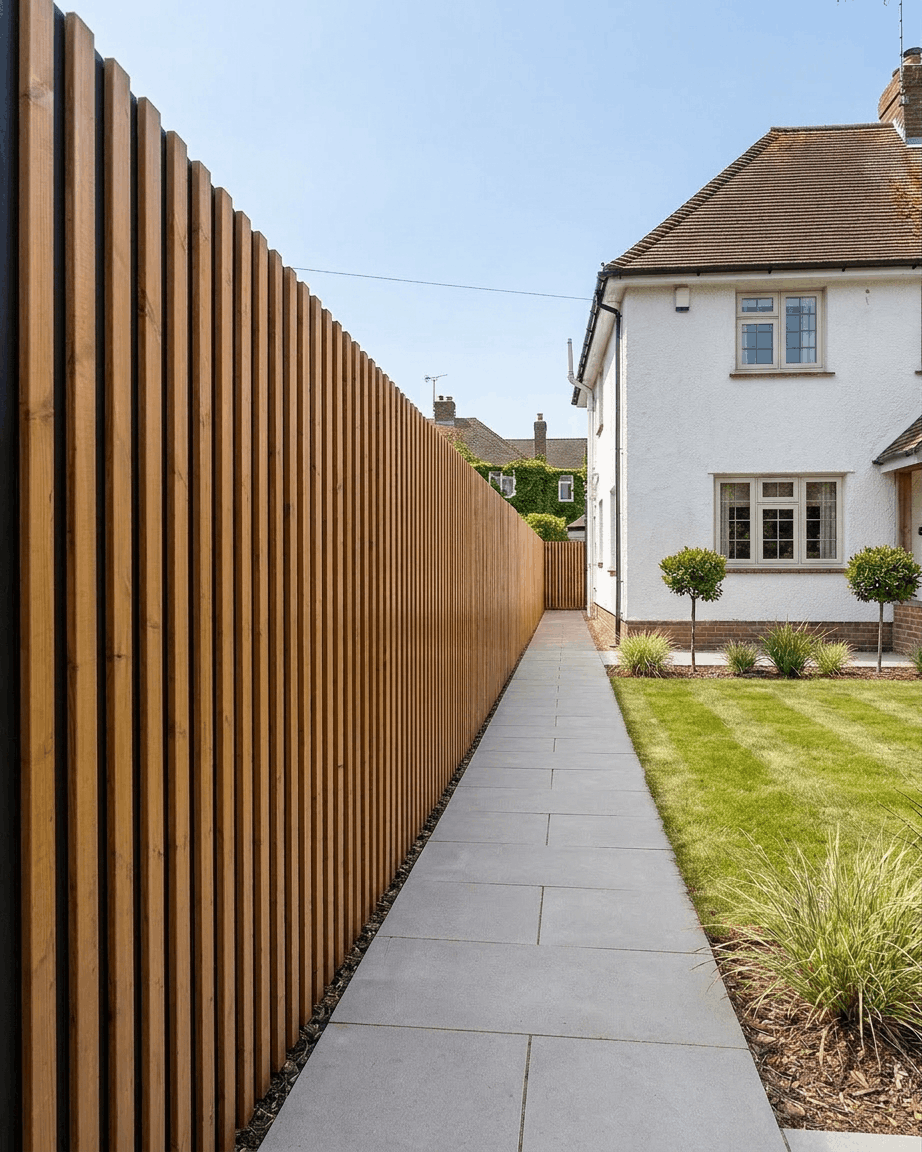 WoodUpp Aluwood facade panels in oiled brown Thermowood (240x45.1 cm) form a fence alongside the walkway of a white house with lawn and bushes.
