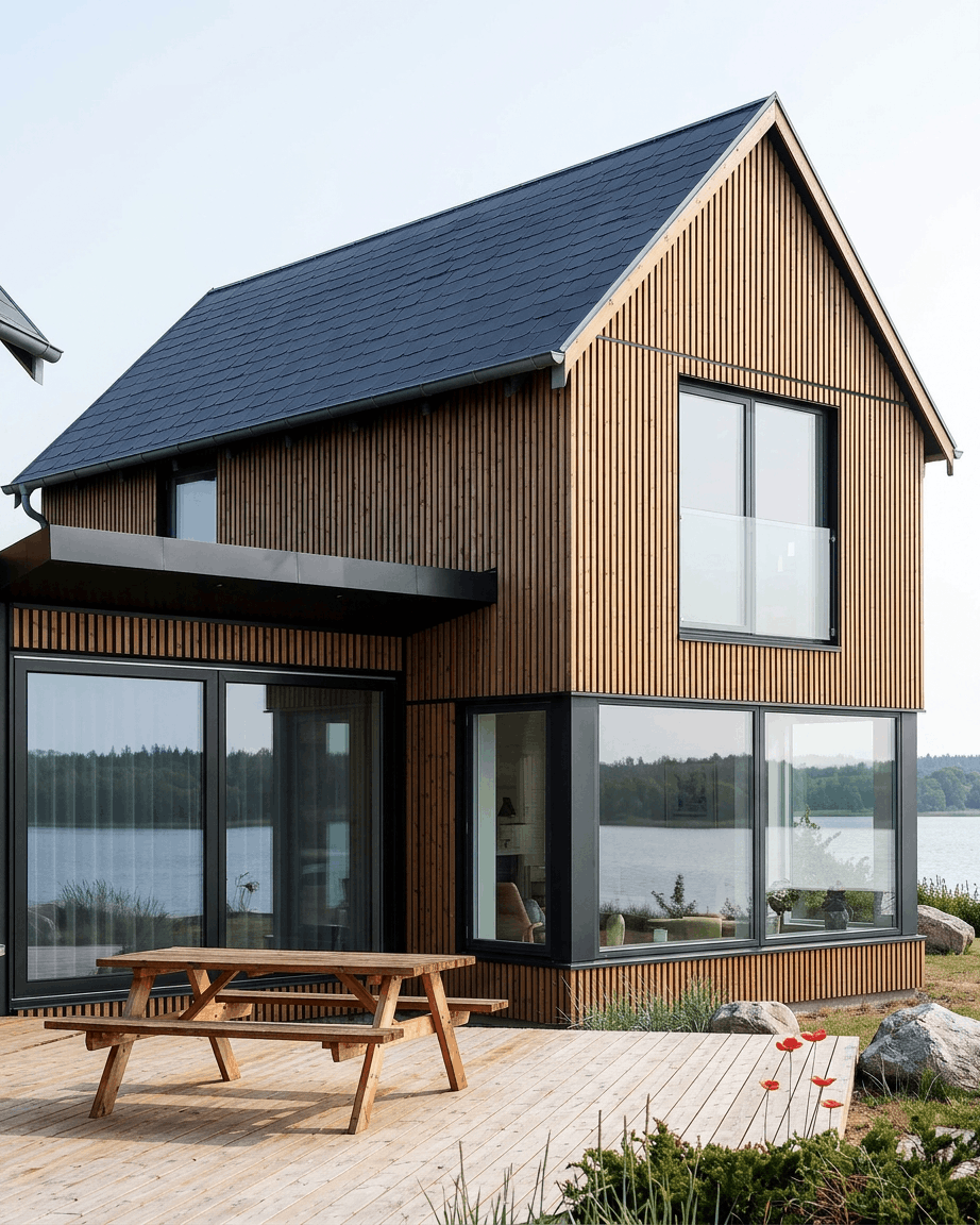 Huset ved søen med store vinduer og skråt tag er udvendigt beklædt med WoodUpp Aluwood-facadepaneler i farven Thermowood Oiled Brown.