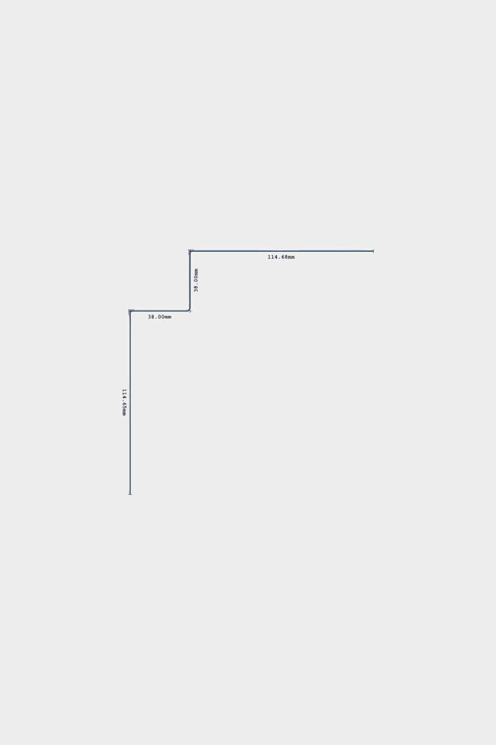 Line drawing of WoodUpp Aluwood inside corner installation product, 240 cm, for facade panels; dimensions 114.45 mm, 74.44 mm, 28.96 mm on white background.