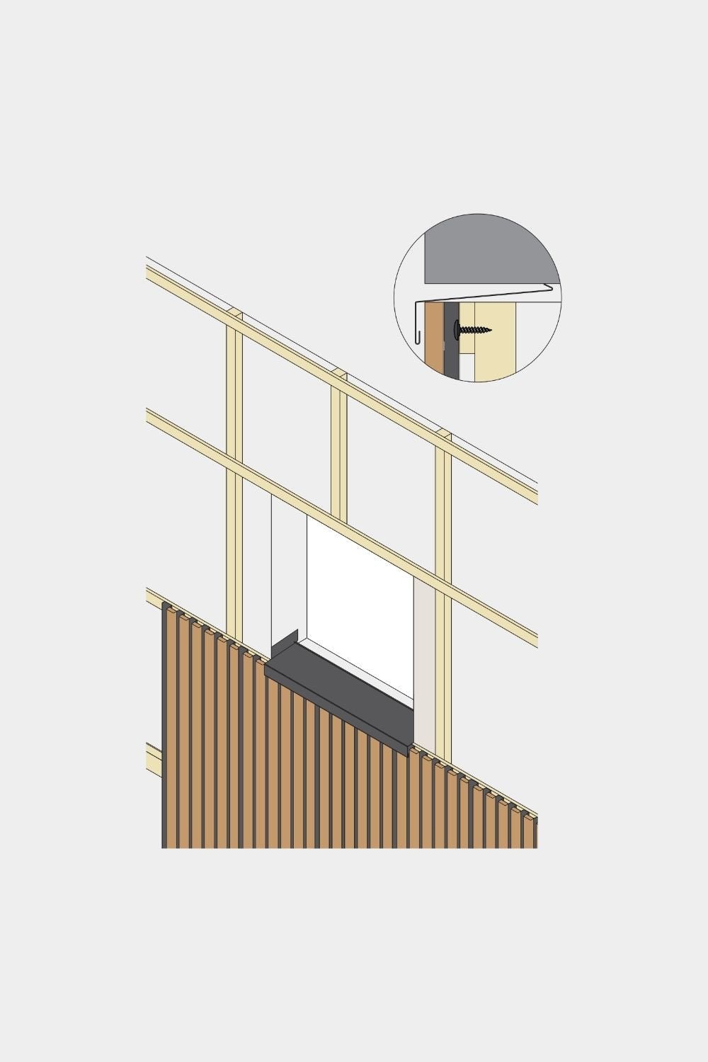 Diagram of a WoodUpp Aluwood facade panel window sill (240 cm), detailing water ingress prevention at the aluminum profile with screw attachment.