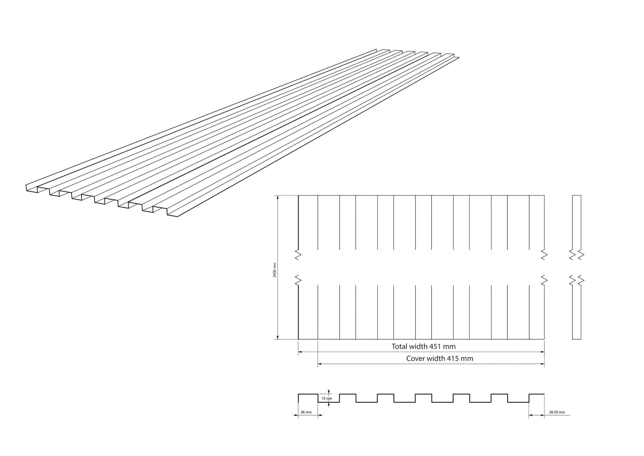 Technical drawing of Aluwood aluminium slat cladding, total width 451 mm, cover width 415 mm, height 2400 mm