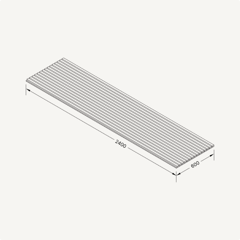 Isometric drawing of a rectangular Akupanel acoustic slat panel, 2400 mm long by 600 mm wide, with dimensions clearly labeled for reference.