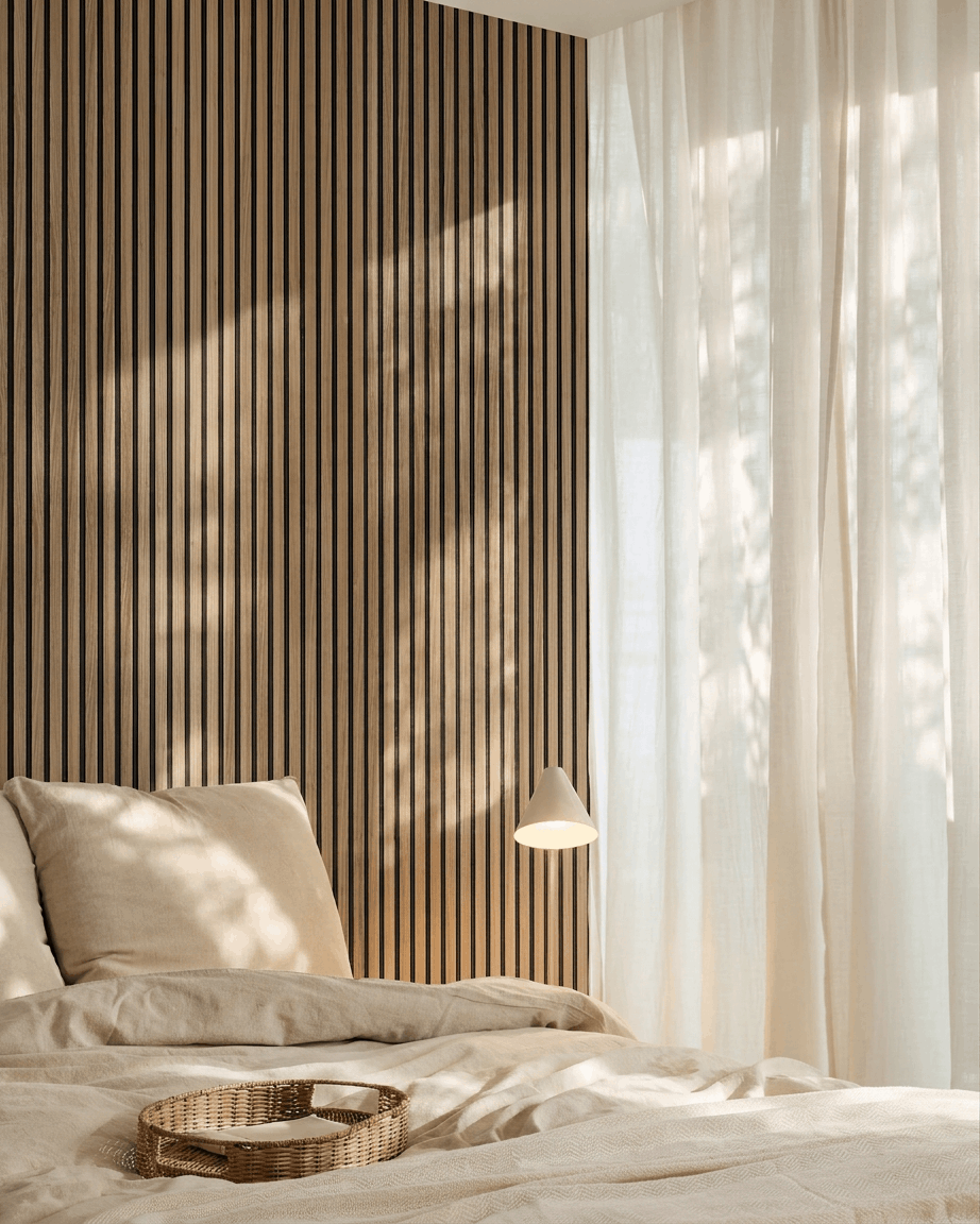 Minimalist bedroom featuring beige bedding, sheer curtains, a hanging lamp, and a WoodUpp Akupanel acoustic wood slatwall (English Walnut) accent wall behind the bed.