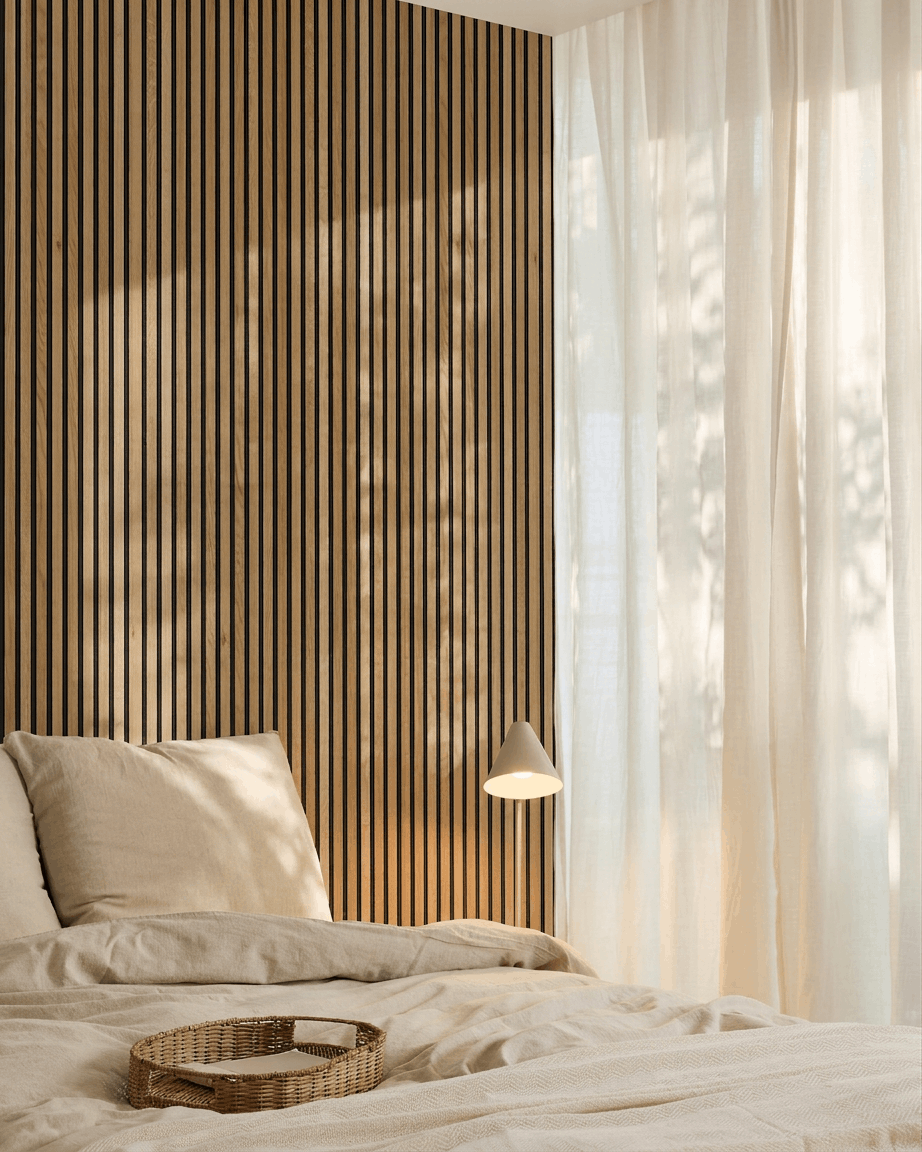Akupanel | Acoustic Panel / Natural Wood, Rustic Brown Oak, Black Felt, 240 x 60 cm