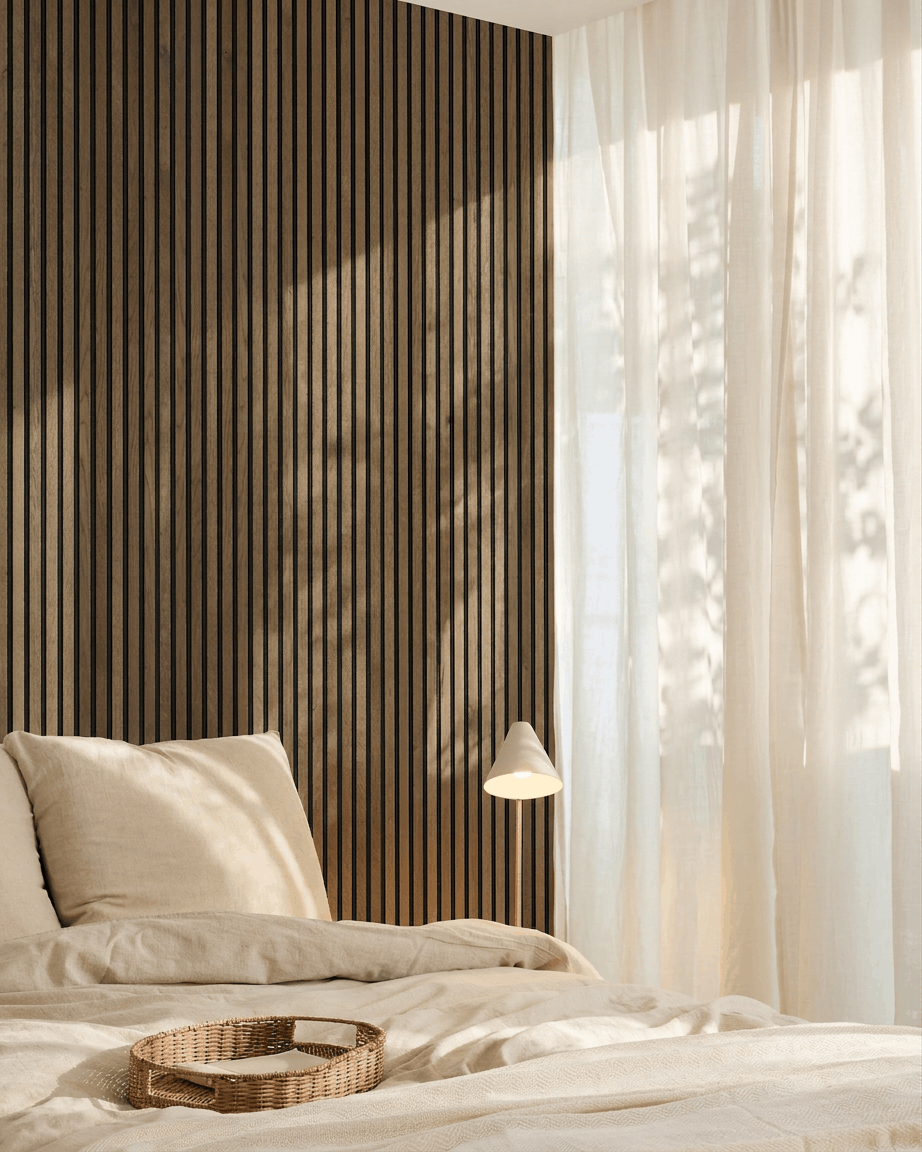 Minimalist Scandinavian bedroom featuring a WoodUpp Akupanel Natural Wood acoustic panel accent wall, beige bedding, wicker tray, and sheer curtains.