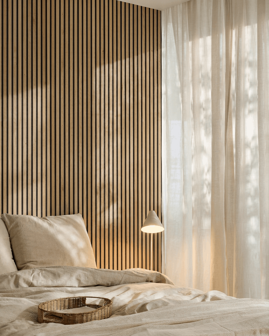Akupanel | Acoustic Panel / Natural Wood, Rustic Natural Oak, Black felt, 300 x 60 cm