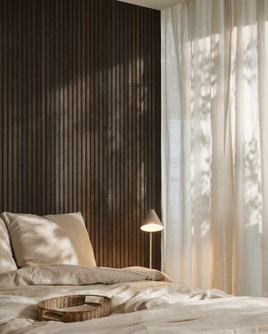 Akupanel | Acoustic Panel / Natural Wood, Rustic Smoked Oak, Bronzed Brown Felt, 240 x 60 cm