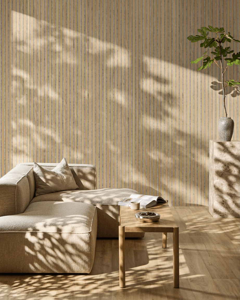Minimalist living room with beige sofa and coffee table. WoodUpp Akupanel acoustic panel in Classic Oak, Grey Felt adds Nordic style and soft shadow effects.