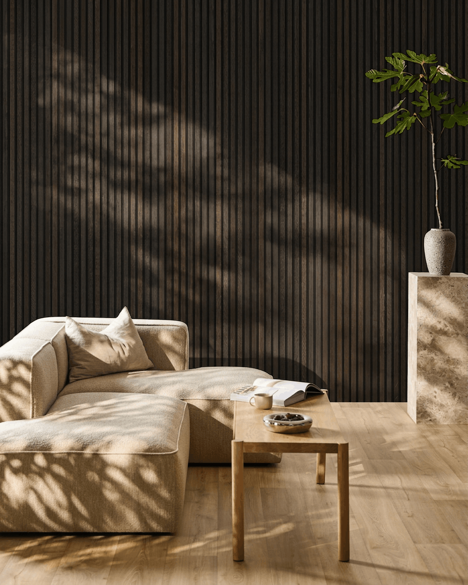 Minimalist living room with a beige sofa, wooden table, and plant; features WoodUpp Akupanel acoustic panel in Rustic Smoked Oak on the wall.