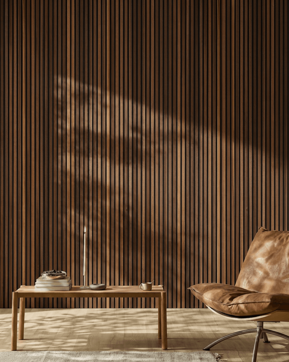 Scandinavian interior featuring a WoodUpp Akupanel acoustic panel in smoked larch, brown leather chair, wood table, and sunlight streaming onto the floor.