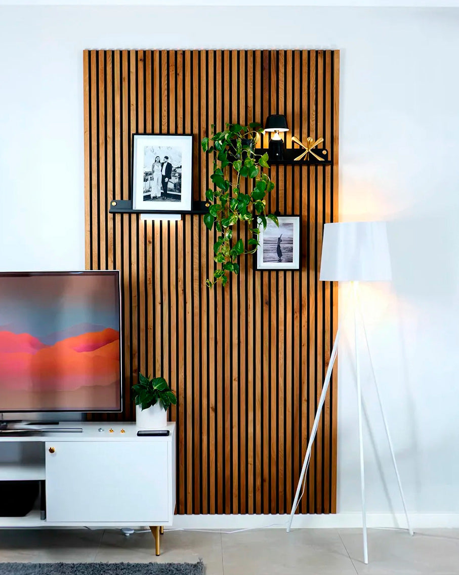 A modern living room with a wood Akupanel acoustic panel wall, framed photos, a hanging plant, floor lamp, and TV on a white media console.