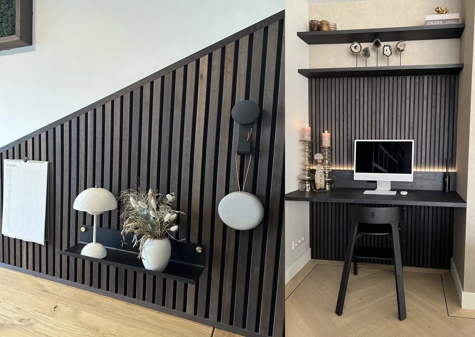 Akupanel acoustic slat wall panels in dark wood finish on interior wall with desk